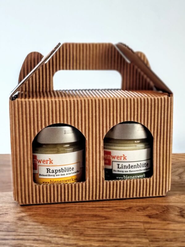 Geschenkset 2 x 245g Bioland-Honig verschiedene Sorten in schöner Geschenkverpackung offene Welle.