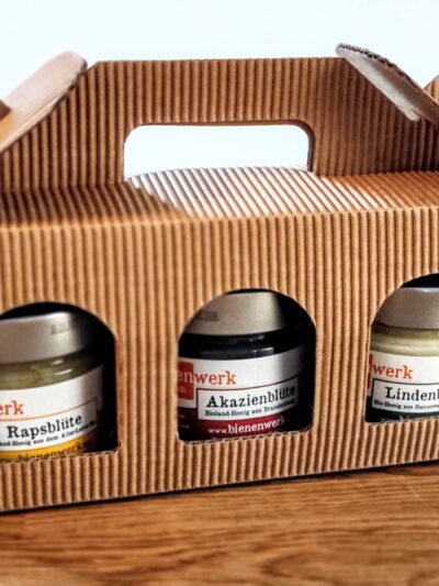 Geschenkset 3 x 245g Bioland-Honig verschiedene Sorten in schöner Geschenkverpackung offene Welle.